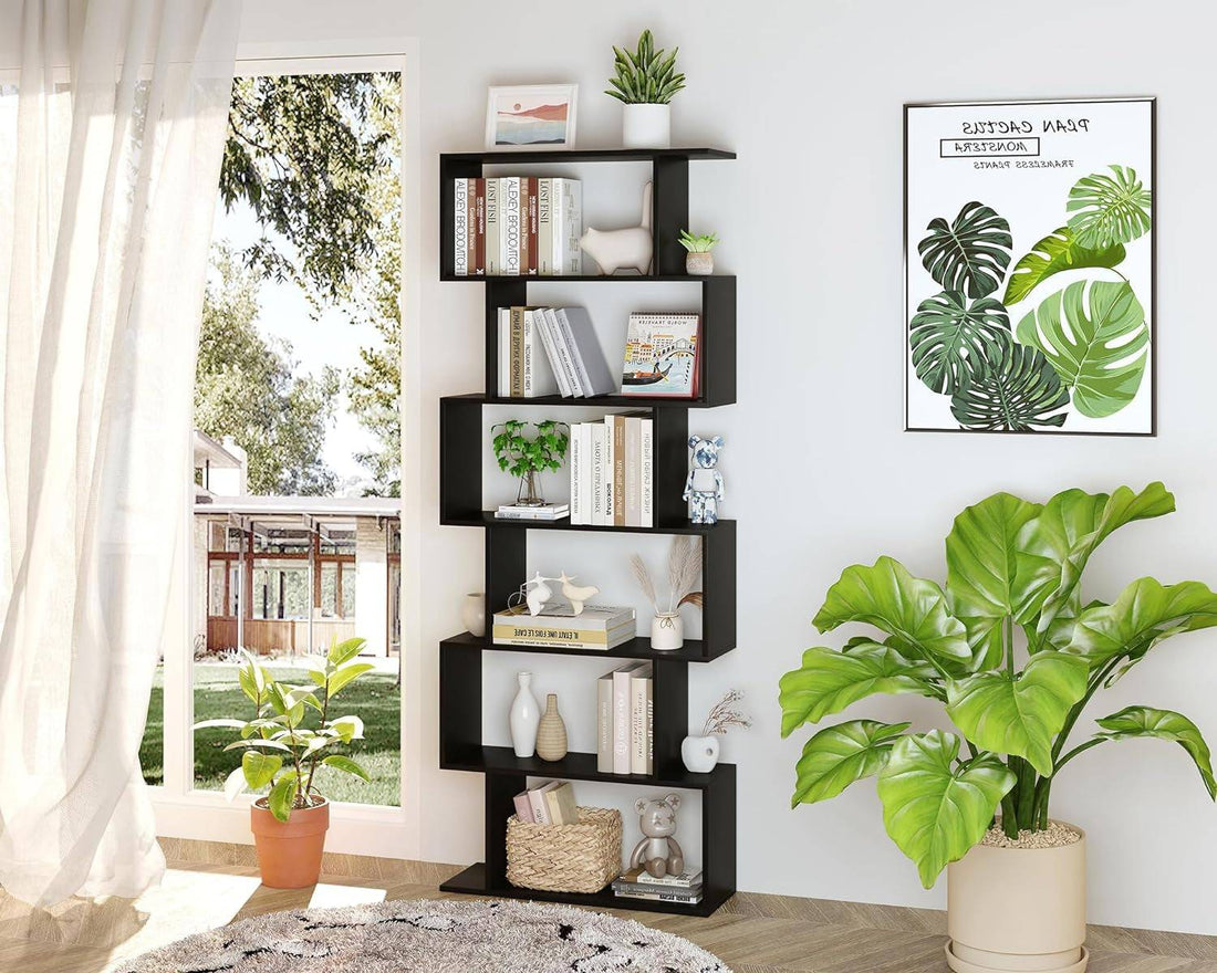 6-Tier Black S-Shaped Modern Geometric Bookshelf