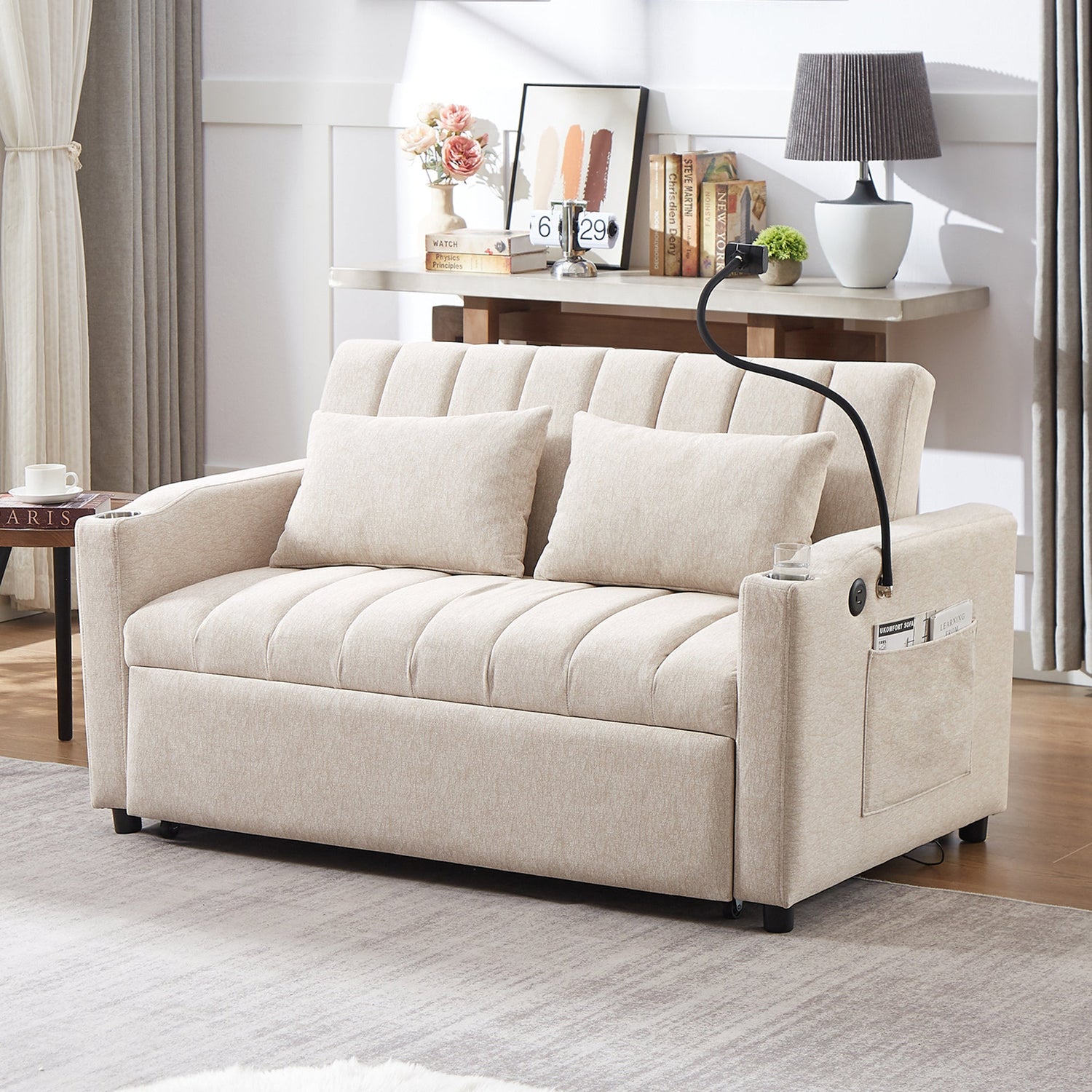 55.9" Convertible Sofa Bed Loveseat Sofa with Three USB Ports, Two
