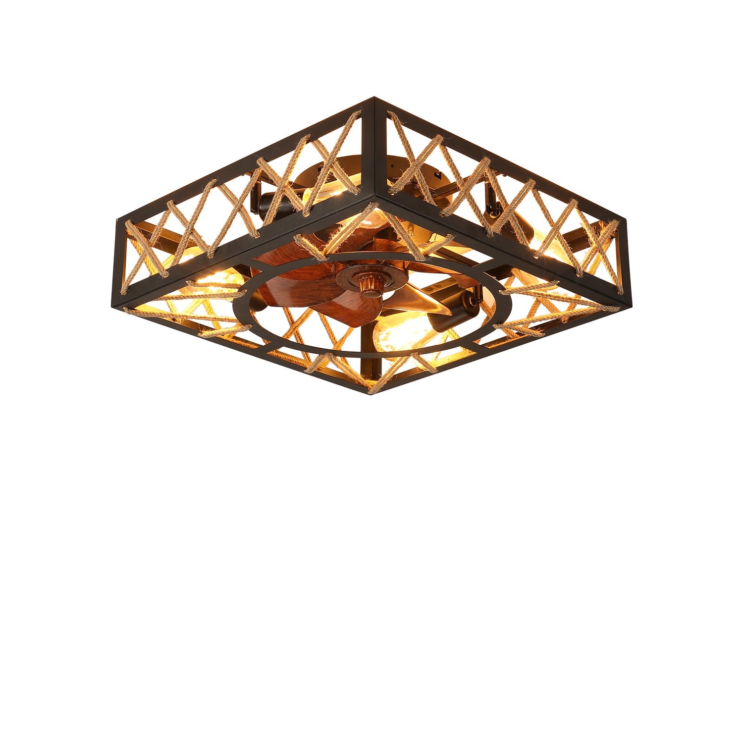 Farmhouse Rustic Ceiling Fan and Remote Control,Square Caged