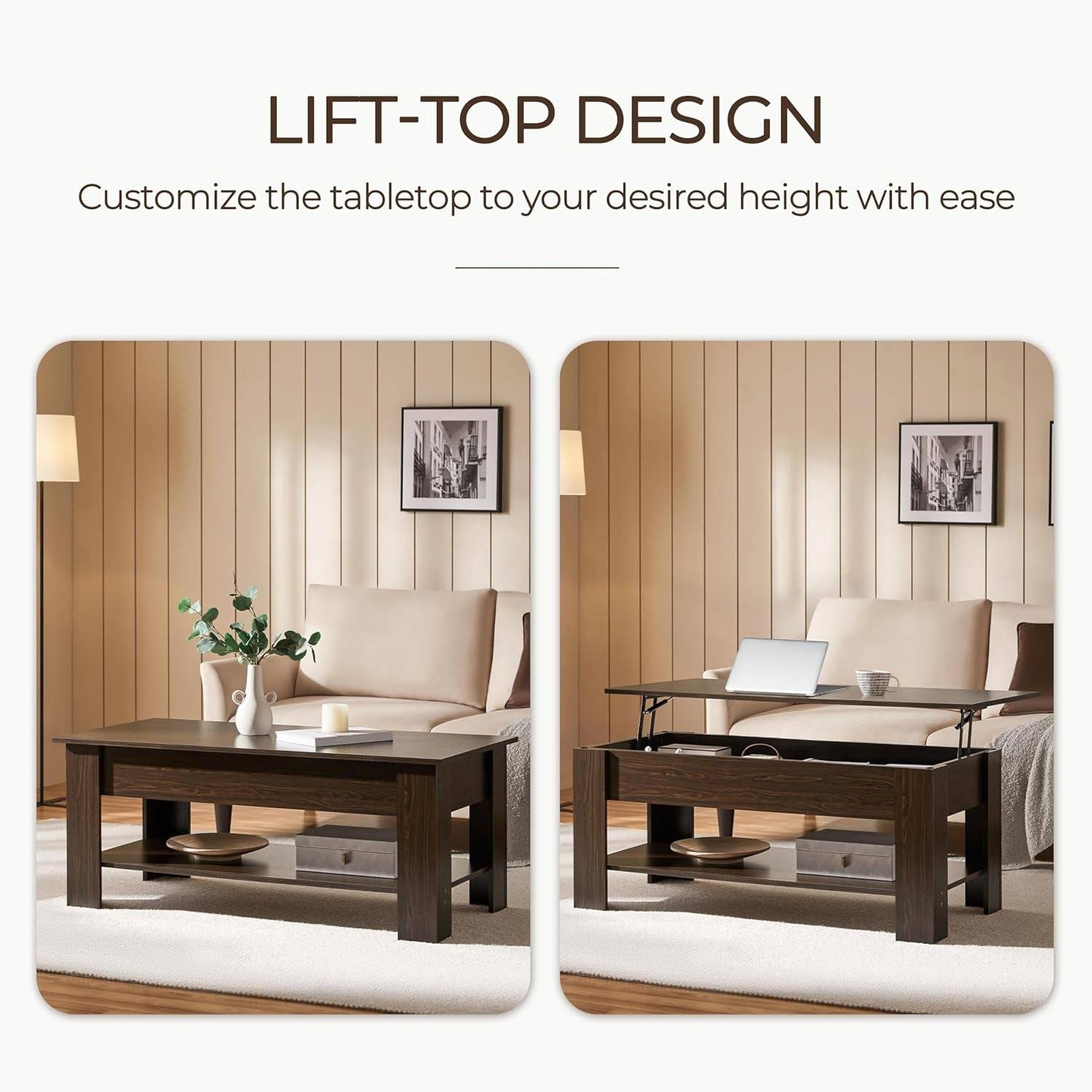 Lift Top Coffee Table with Hidden Compartment and Storage Shelf,
