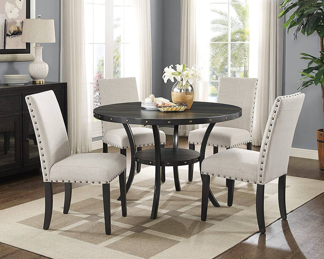 Tan Fabric Nailhead Dining Set with Espresso Wood