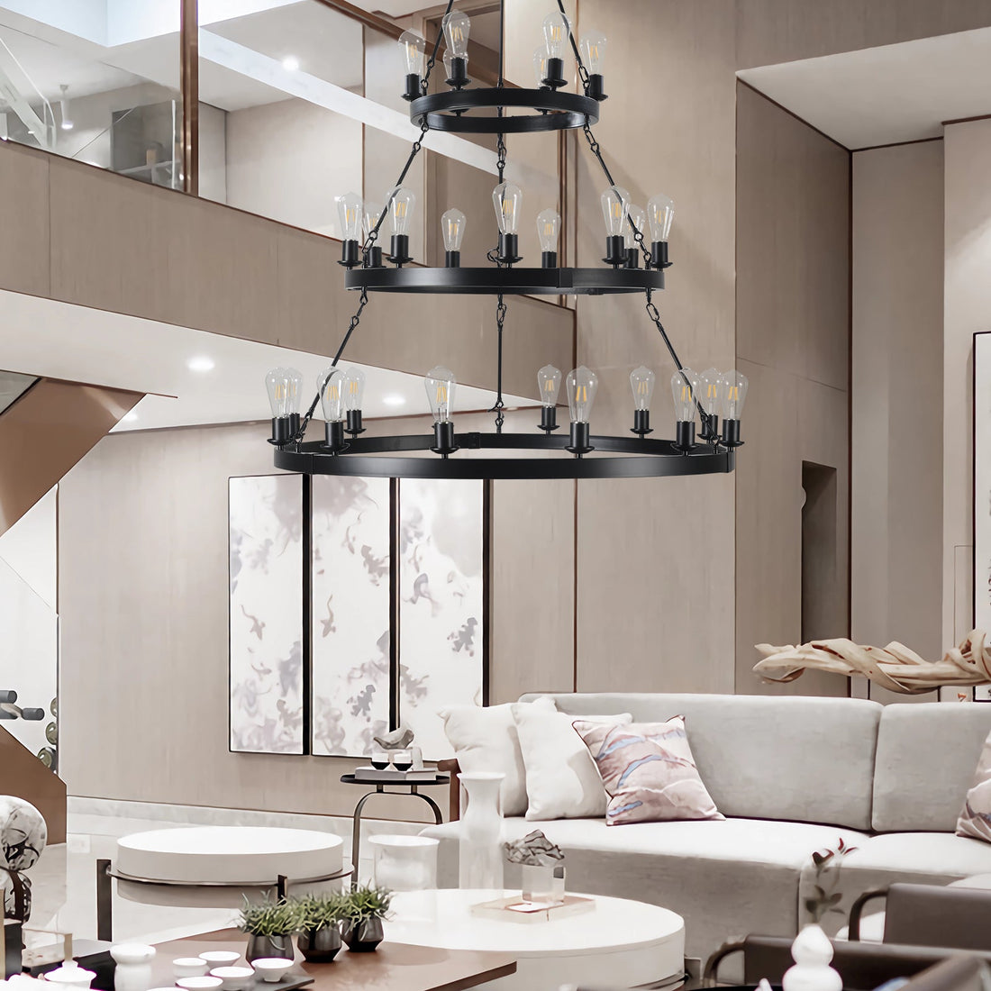 27 Light Metal Ring Chandelier Black