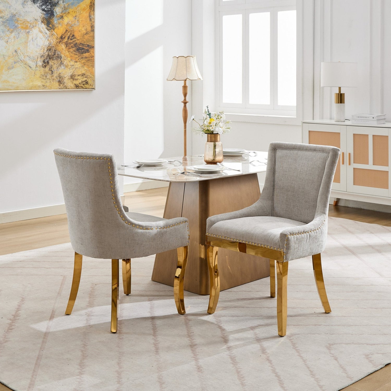 Chenille Dining Chairs, Modern Style with Curved Gold - Plated Legs &amp;