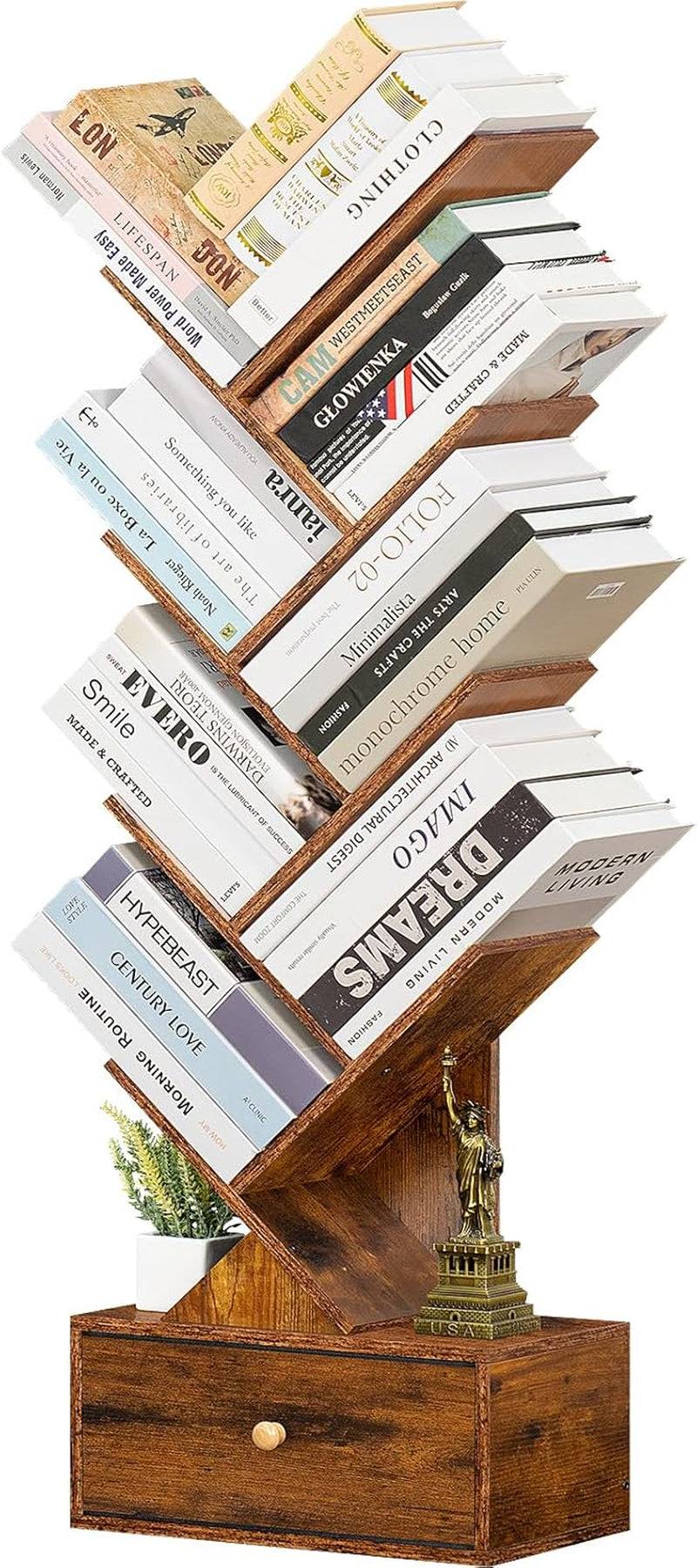 8 Tier Tree Bookshelf with Drawer, Free Standing Wood Bookcase for