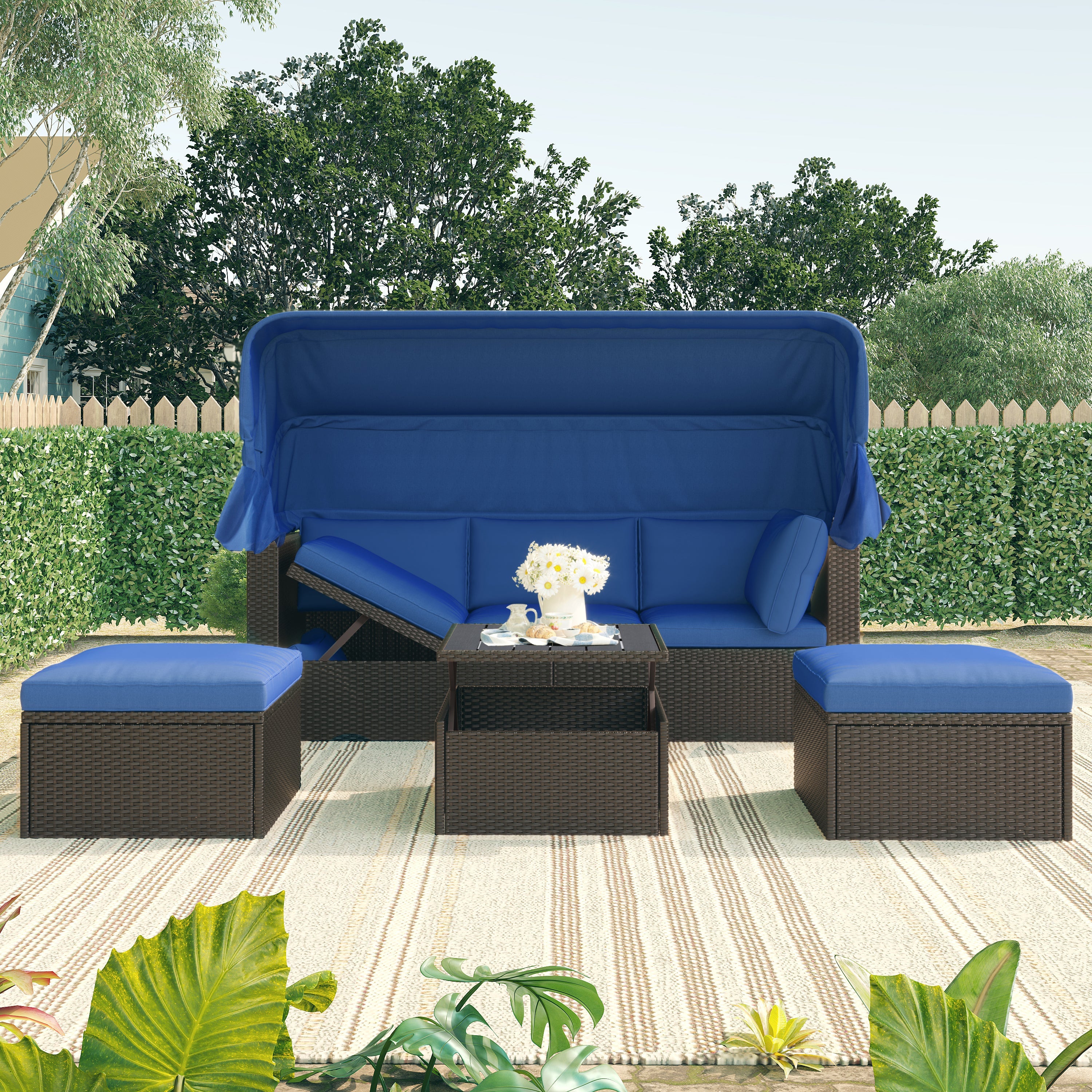 Outdoor Patio Rectangle Daybed with Retractable Canopy,  Wicker