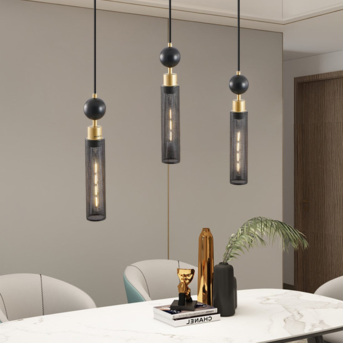 Modern Black and Gold 3-Light Pendant Chandelier, Adjustable Hanging