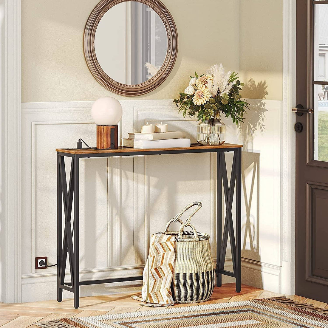 Rustic Brown Sofa Table with Power Outlet