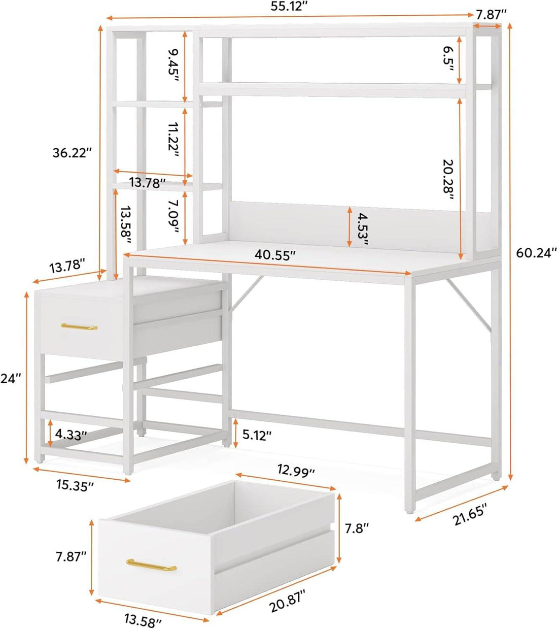 55 Inch Computer Desk with 2 Drawers and Storage Shelves, Rustic