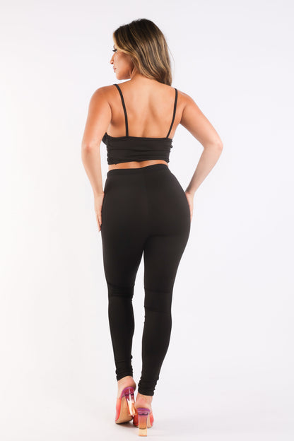 Mesh Contrast Sets Casual Sports Strappy Sleeve Top &amp; Leggings BLACK