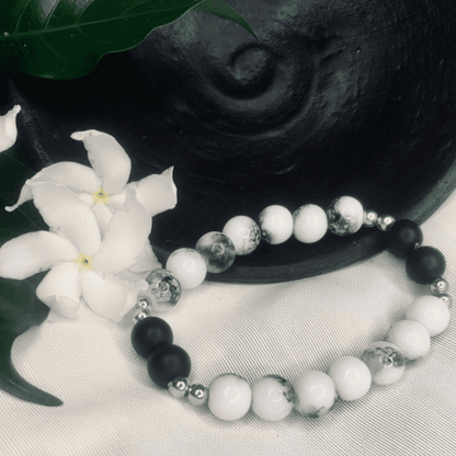 Howlite and Black Onyx Bracelet Stretch Bracelet with Silver Spacers