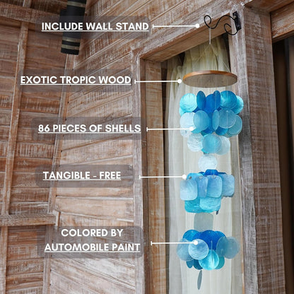 Blue Seashell Glass Wind Chimes 28&quot; Comewith Wall Stand, Garden Decor
