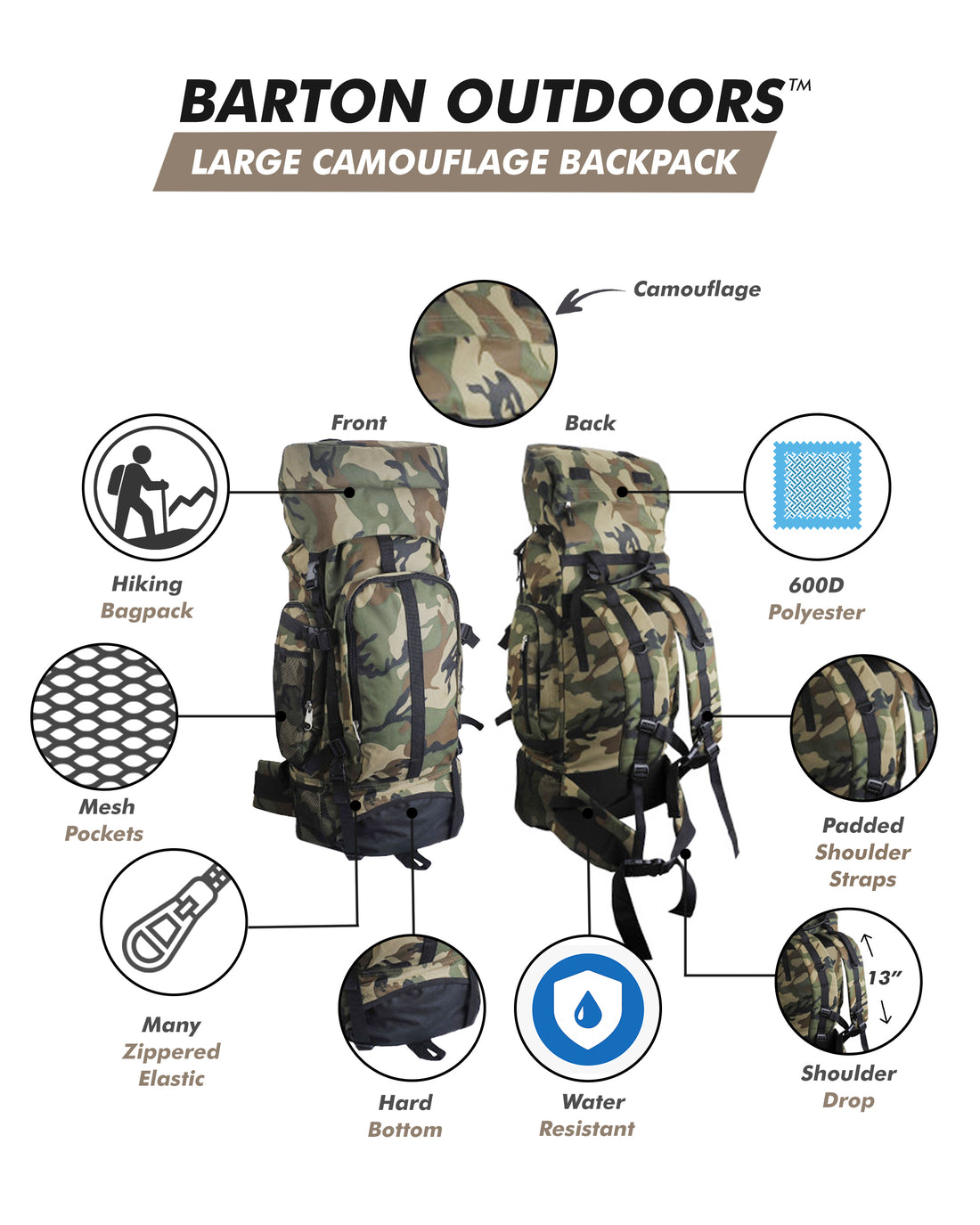 Camouflage 30" Hiking/Camping Water-Resistant Mountaineer&