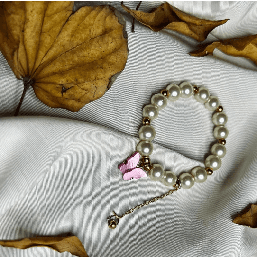 Bracelet for Girls, Faux Pearl Beaded Bracelet with Purple Butterfly