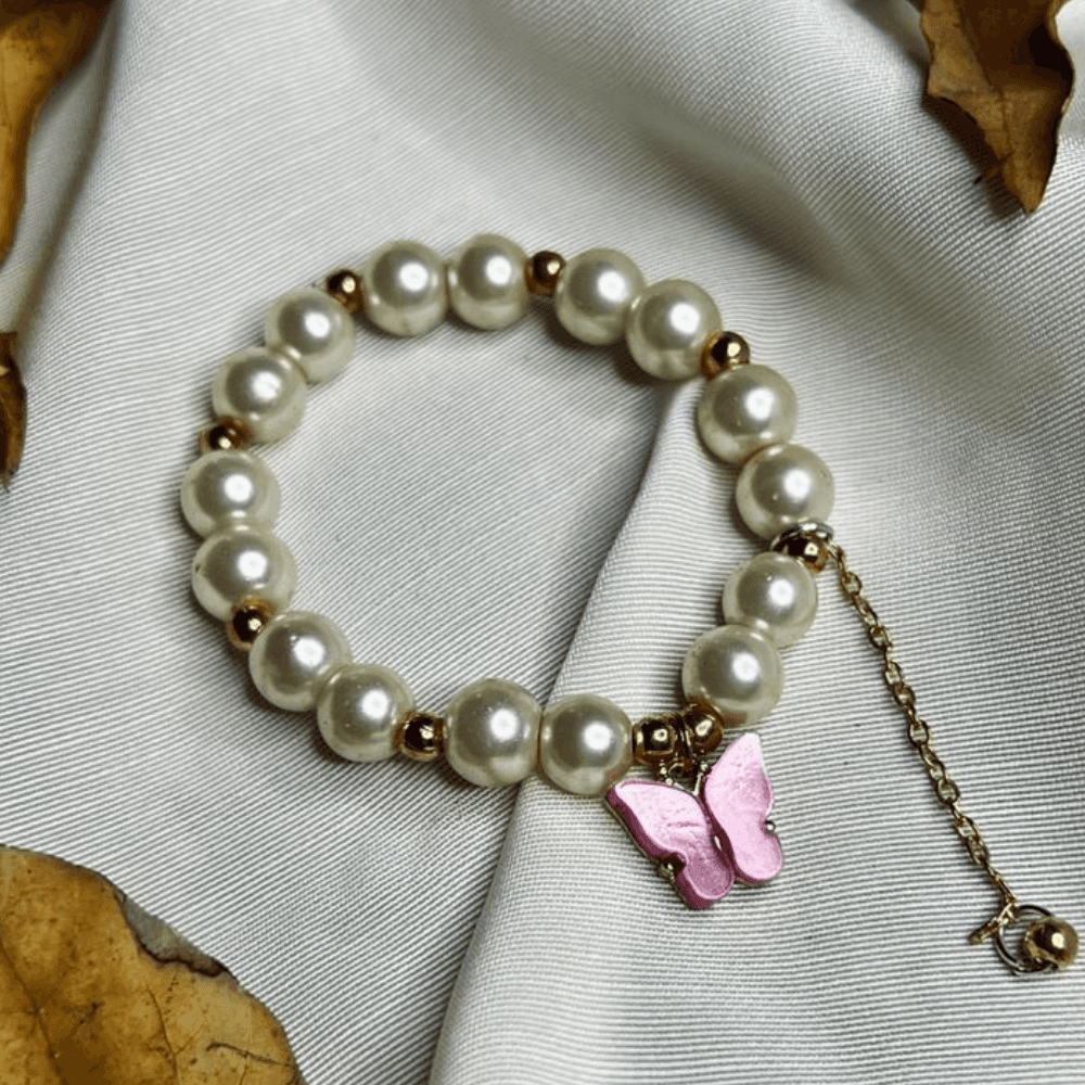 Bracelet for Girls, Faux Pearl Beaded Bracelet with Purple Butterfly