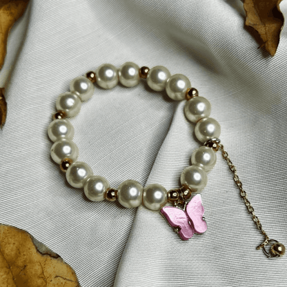 Bracelet for Girls, Faux Pearl Beaded Bracelet with Purple Butterfly