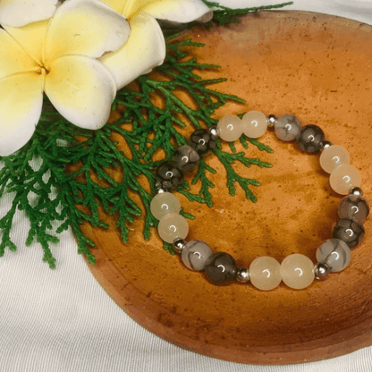 Agate Gemstone Beaded Bracelet Gray White Stone Silver Spacers