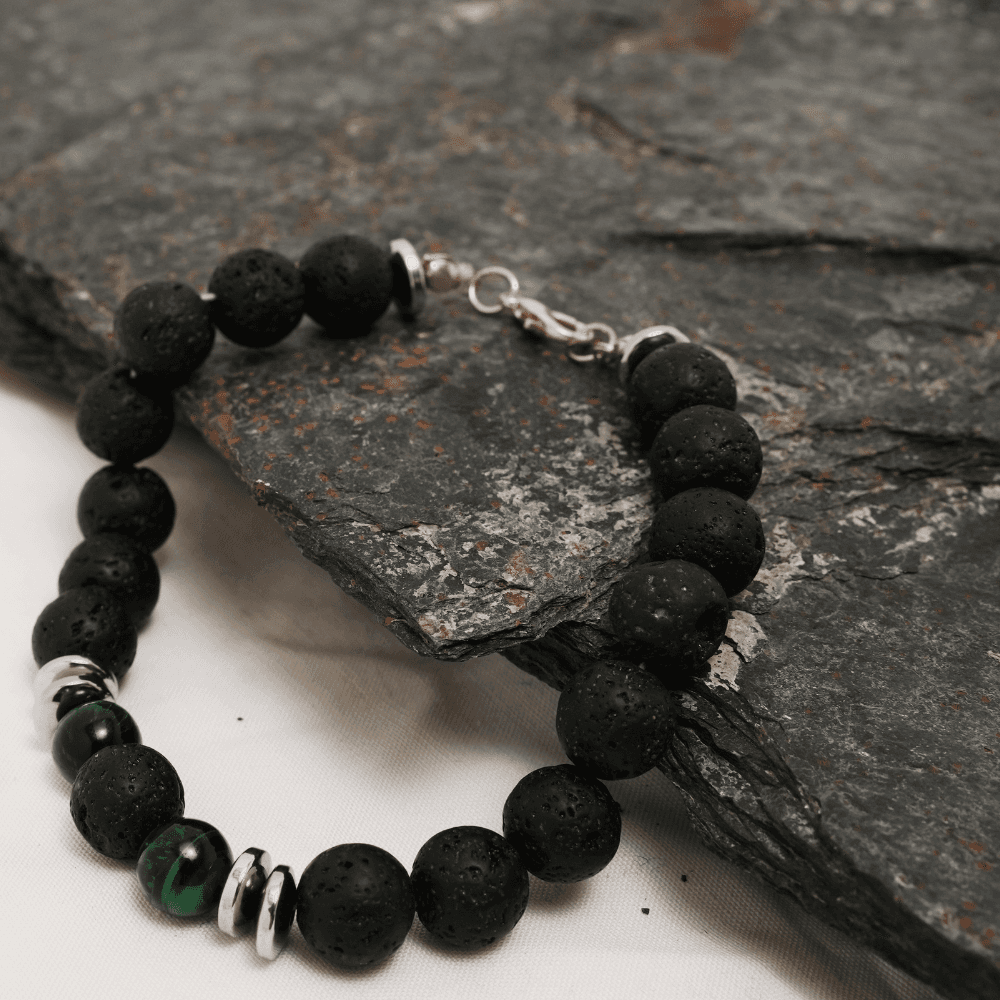 Handmade Lava Stone Bracelet for Men with Green Tiger Eye