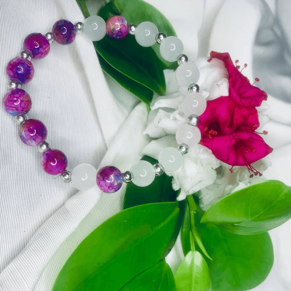White and Purple Stone Bracelet with Silver Spacers, Stretch Bracelet