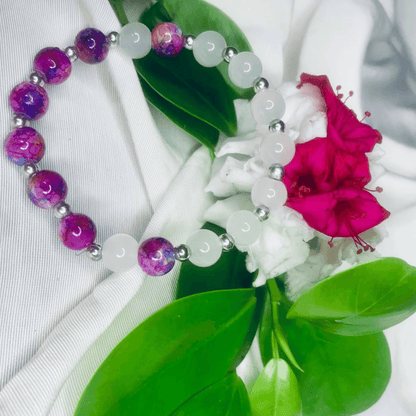 White and Purple Stone Bracelet with Silver Spacers, Stretch Bracelet