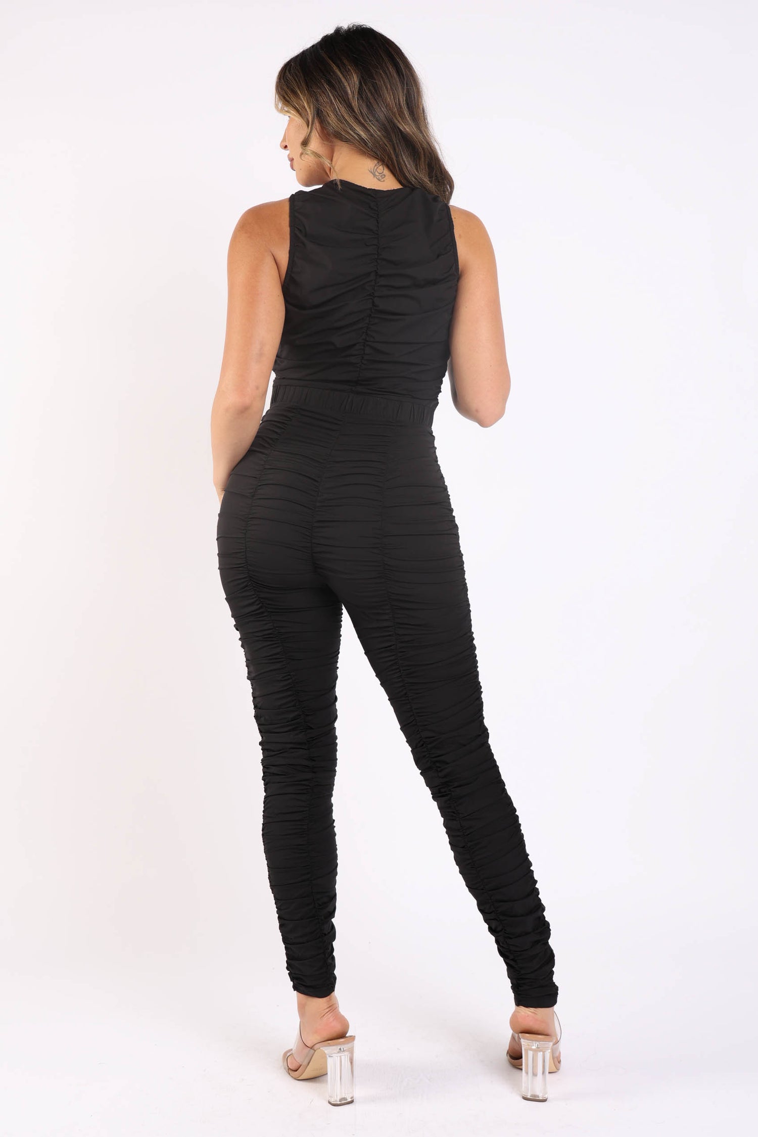 Track Zipper Ruched Jumpsuit Ruffle Dress Bodycon Jumpsuit BLACK