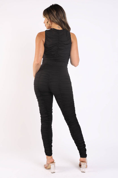 Track Zipper Ruched Jumpsuit Ruffle Dress Bodycon Jumpsuit BLACK