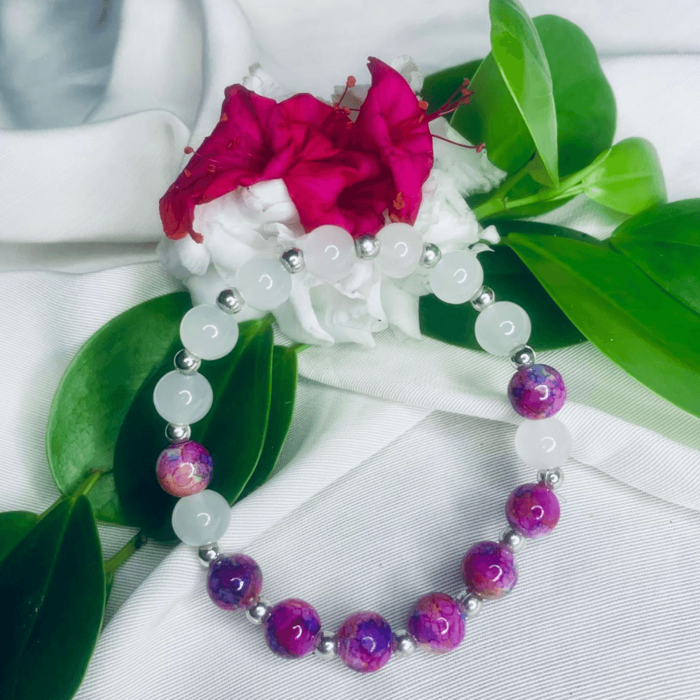 White and Purple Stone Bracelet with Silver Spacers, Stretch Bracelet