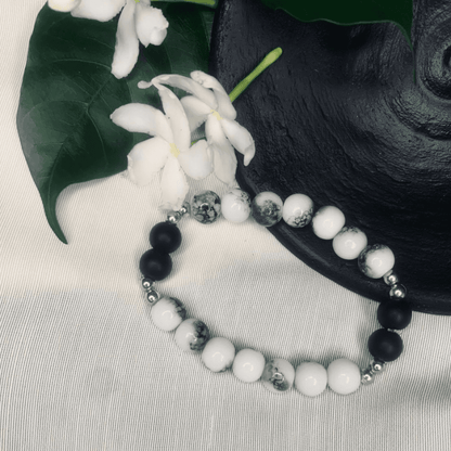 Howlite and Black Onyx Bracelet Stretch Bracelet with Silver Spacers