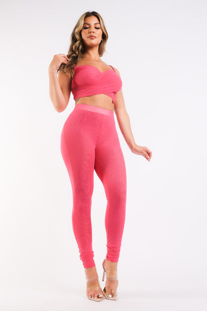 Mesh Contrast Sets Casual Sports Strappy Sleeve Top &amp; Leggings FUCHSIA