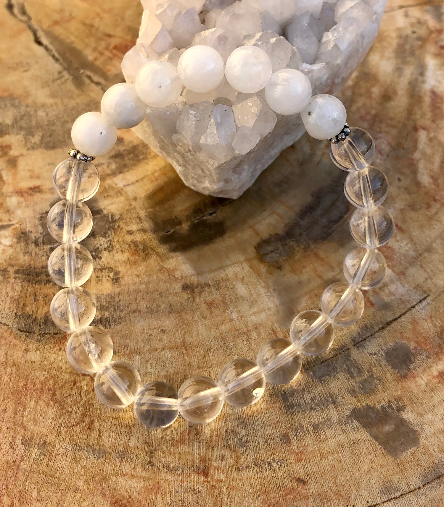 Rainbow Moonstone &amp; Crystal Quartz Stretch Bracelet! Genuine Crystals!