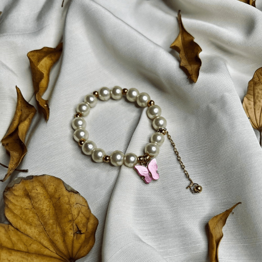 Bracelet for Girls, Faux Pearl Beaded Bracelet with Purple Butterfly