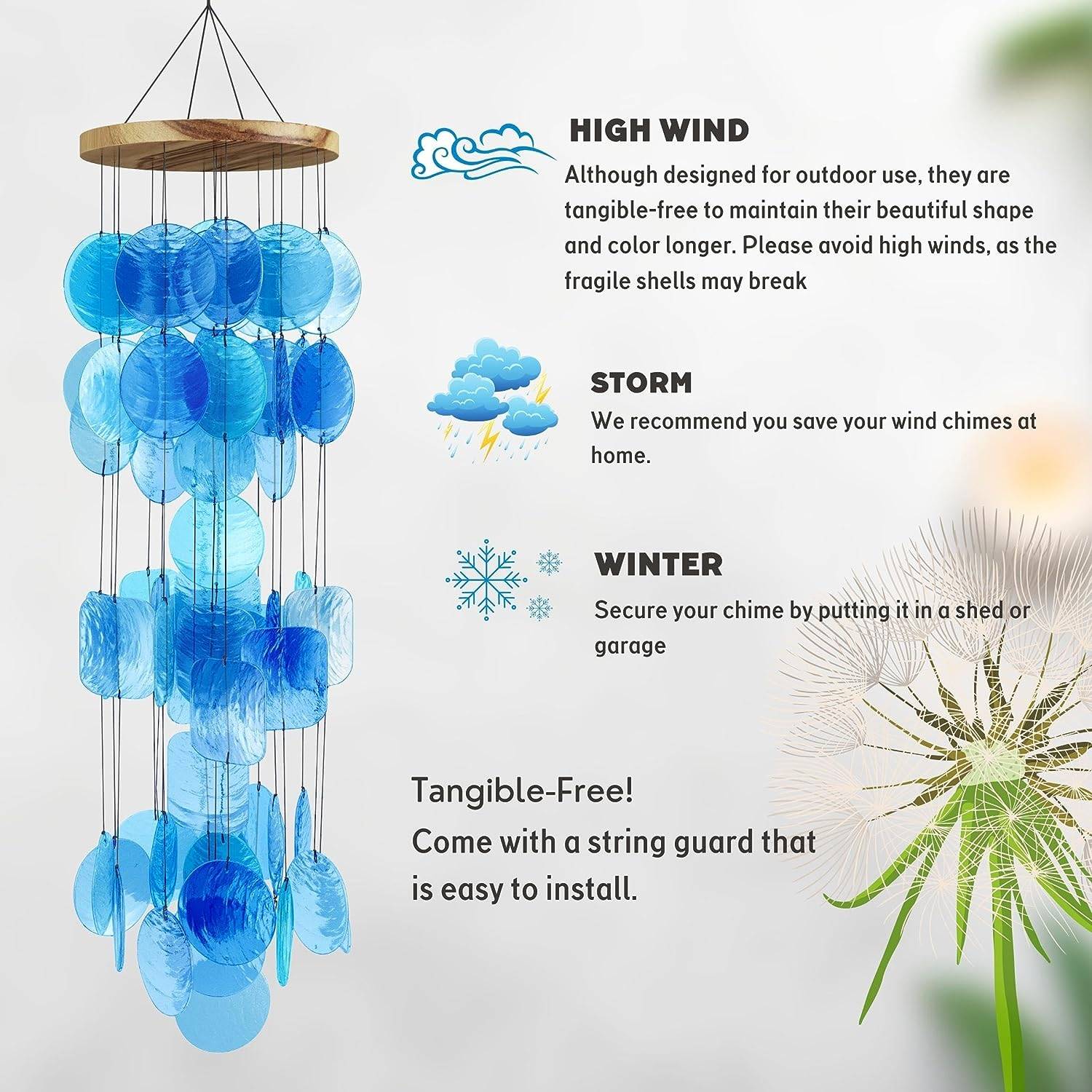 Blue Seashell Glass Wind Chimes 28&quot; Comewith Wall Stand, Garden Decor