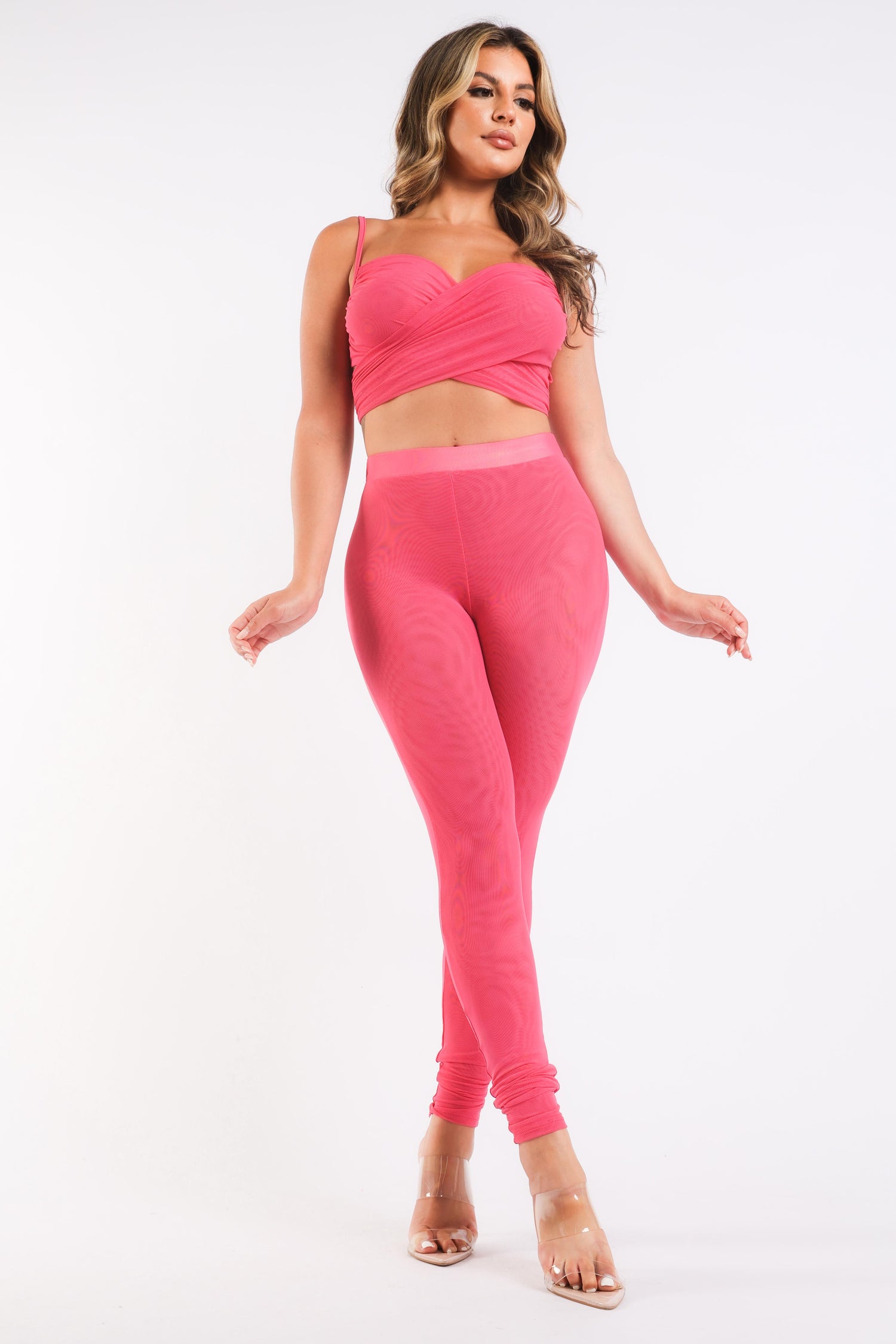 Mesh Contrast Sets Casual Sports Strappy Sleeve Top &amp; Leggings FUCHSIA