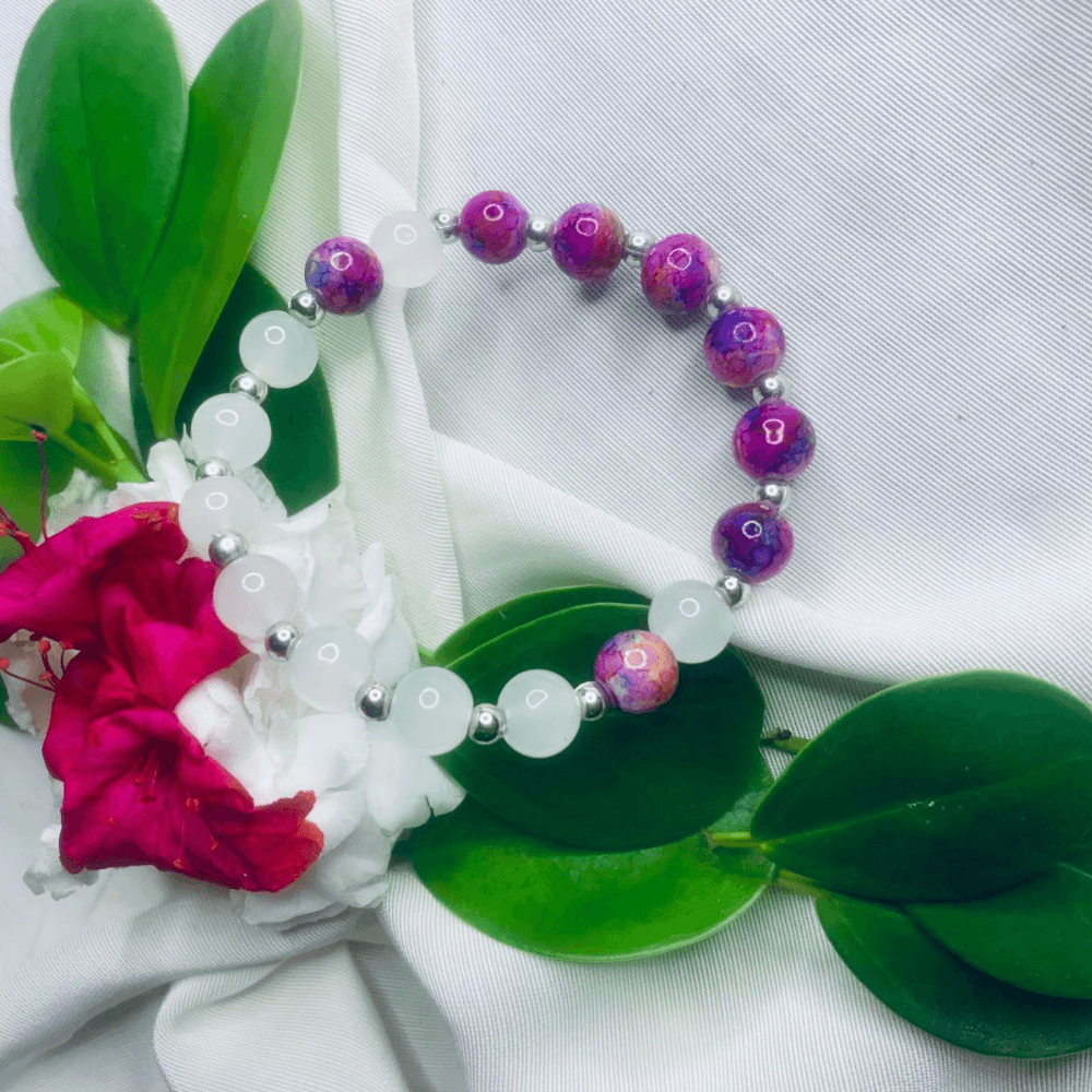 White and Purple Stone Bracelet with Silver Spacers, Stretch Bracelet