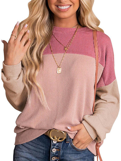 Womens Color Block Long Sleeve Crewneck Knitted Casual Pullover Tops