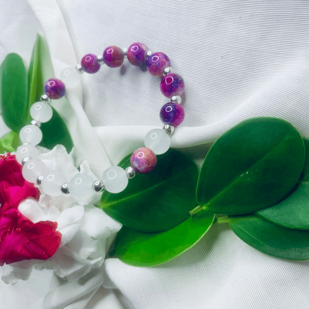 White and Purple Stone Bracelet with Silver Spacers, Stretch Bracelet