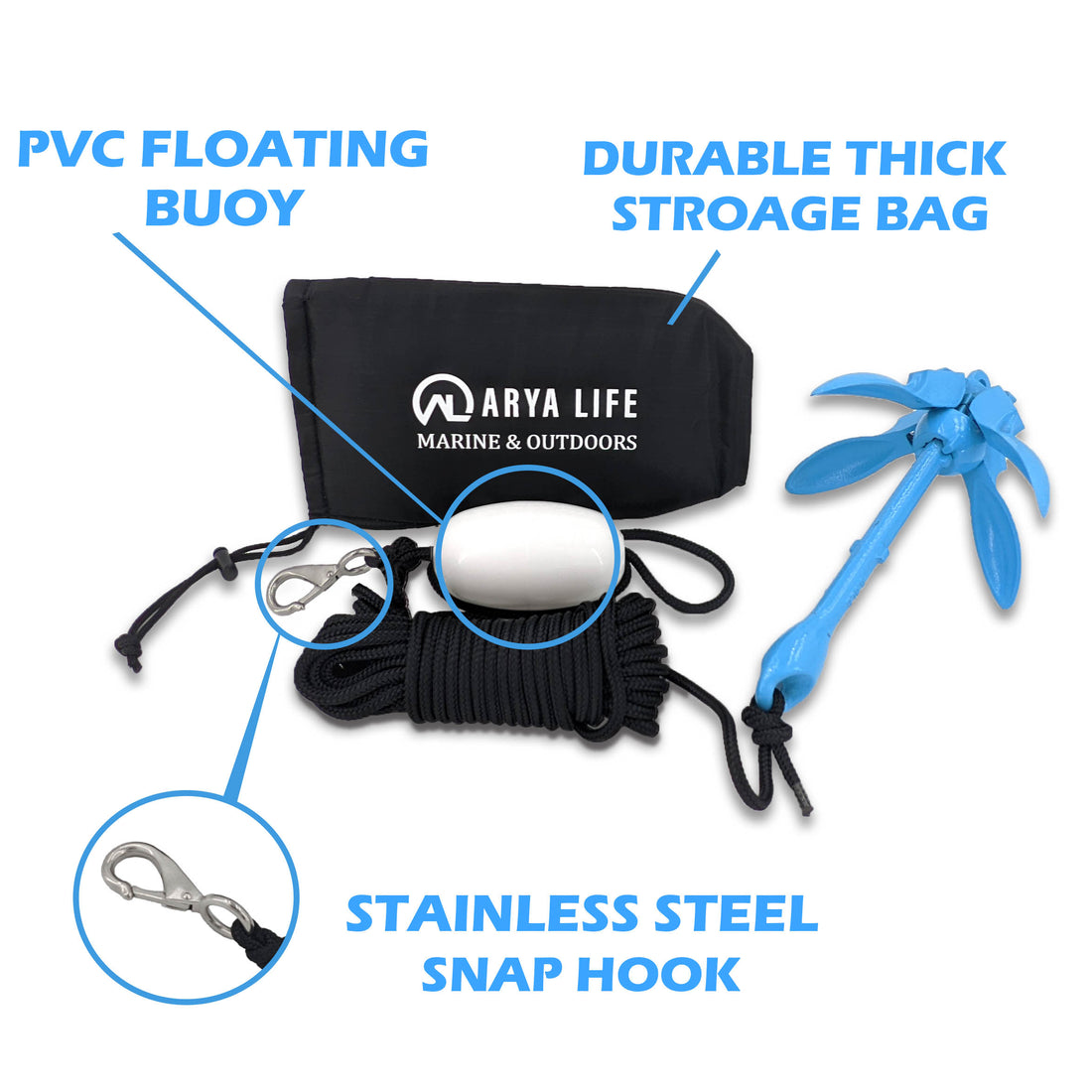 Arya Life Kayak &amp; Paddle Board Anchor with 40ft Rope (0.275" Thick)