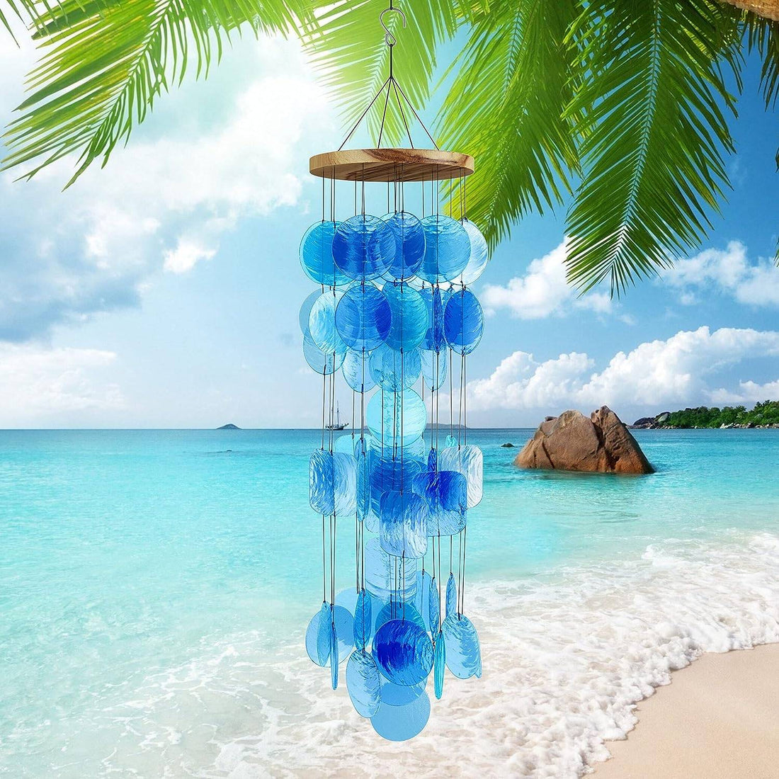 Blue Seashell Glass Wind Chimes 28&quot; Comewith Wall Stand, Garden Decor