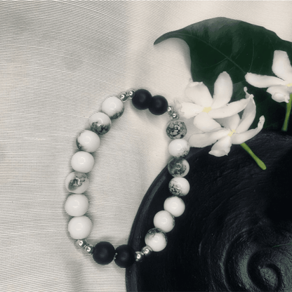 Howlite and Black Onyx Bracelet Stretch Bracelet with Silver Spacers