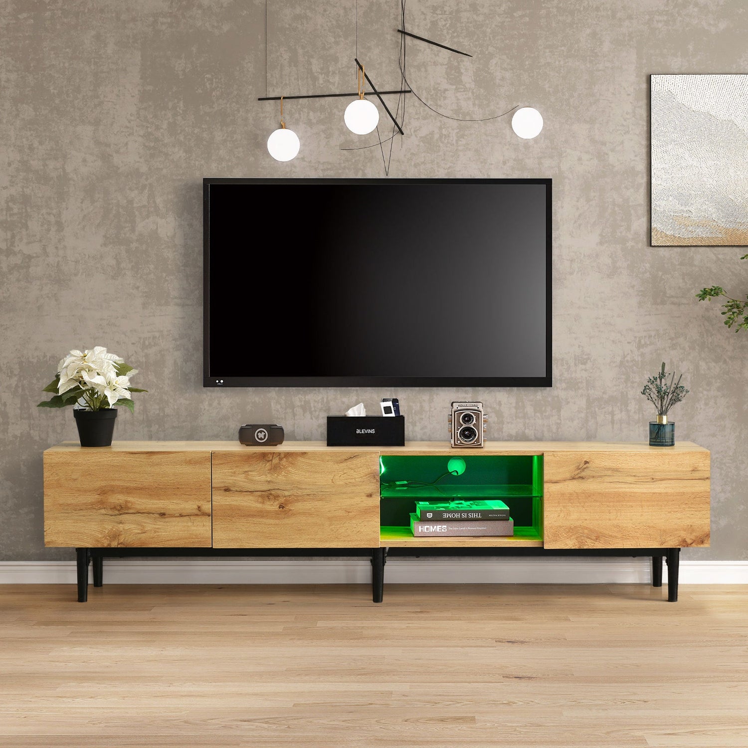Modern TV Stand with 4 Cabinets&amp; Open Shelves, Color-matching Media