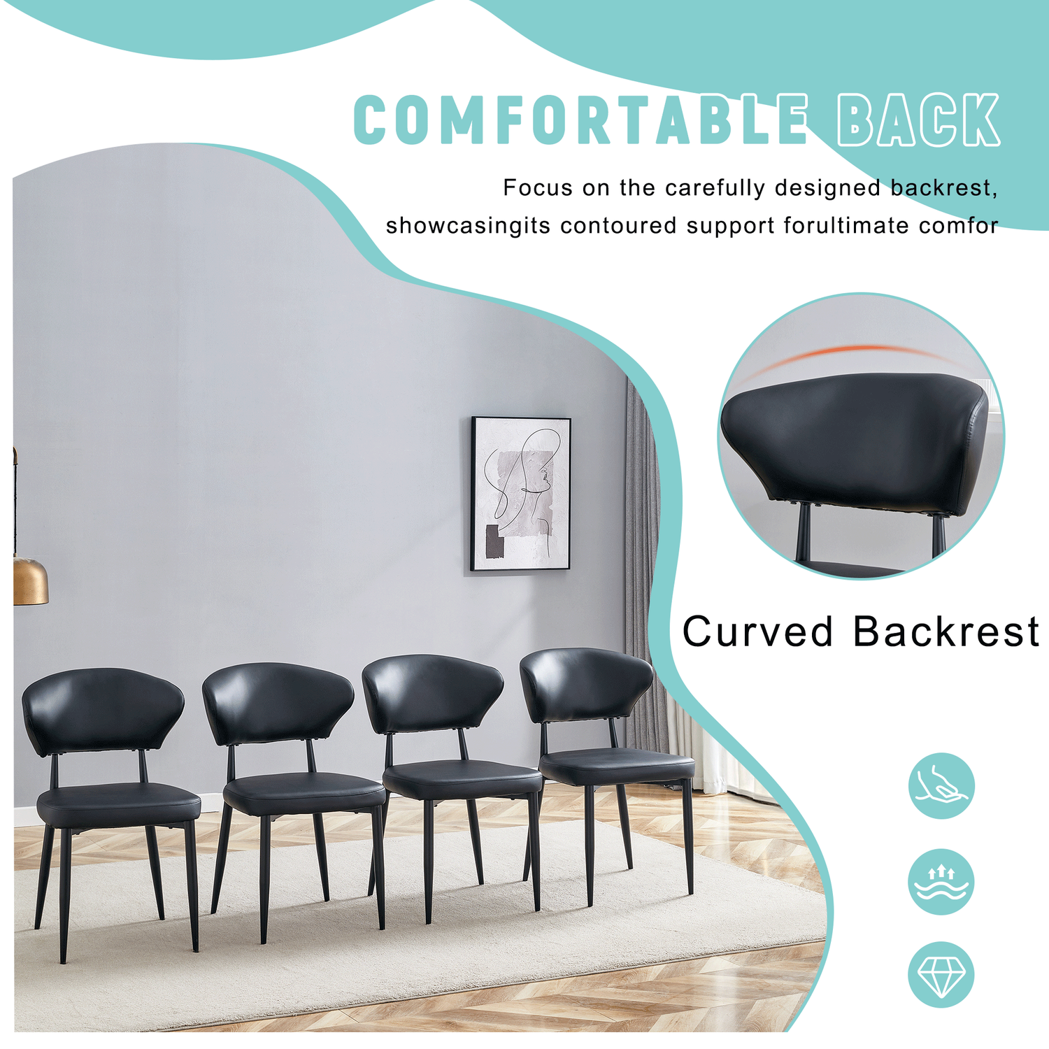 Black Minimalist Ergonomic Dining Chair, With A Curved Backrest For