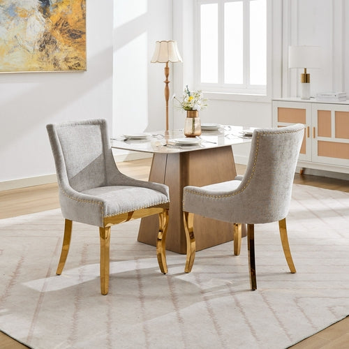 Chenille Dining Chairs, Modern Style with Curved Gold - Plated Legs &amp;