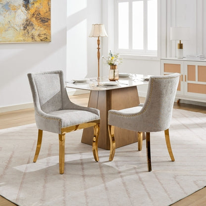 Chenille Dining Chairs, Modern Style with Curved Gold - Plated Legs &amp;