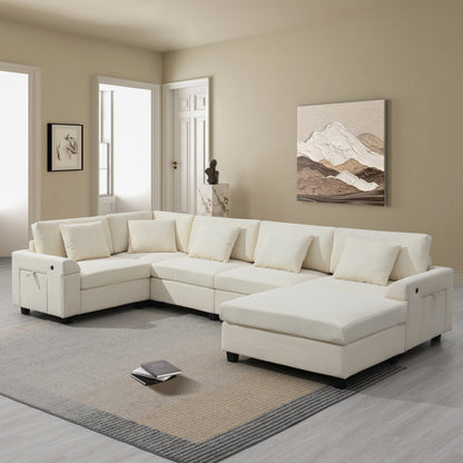 128*67" U Shaped Sectional Sofa,6 Seat Chenille Couch Set with