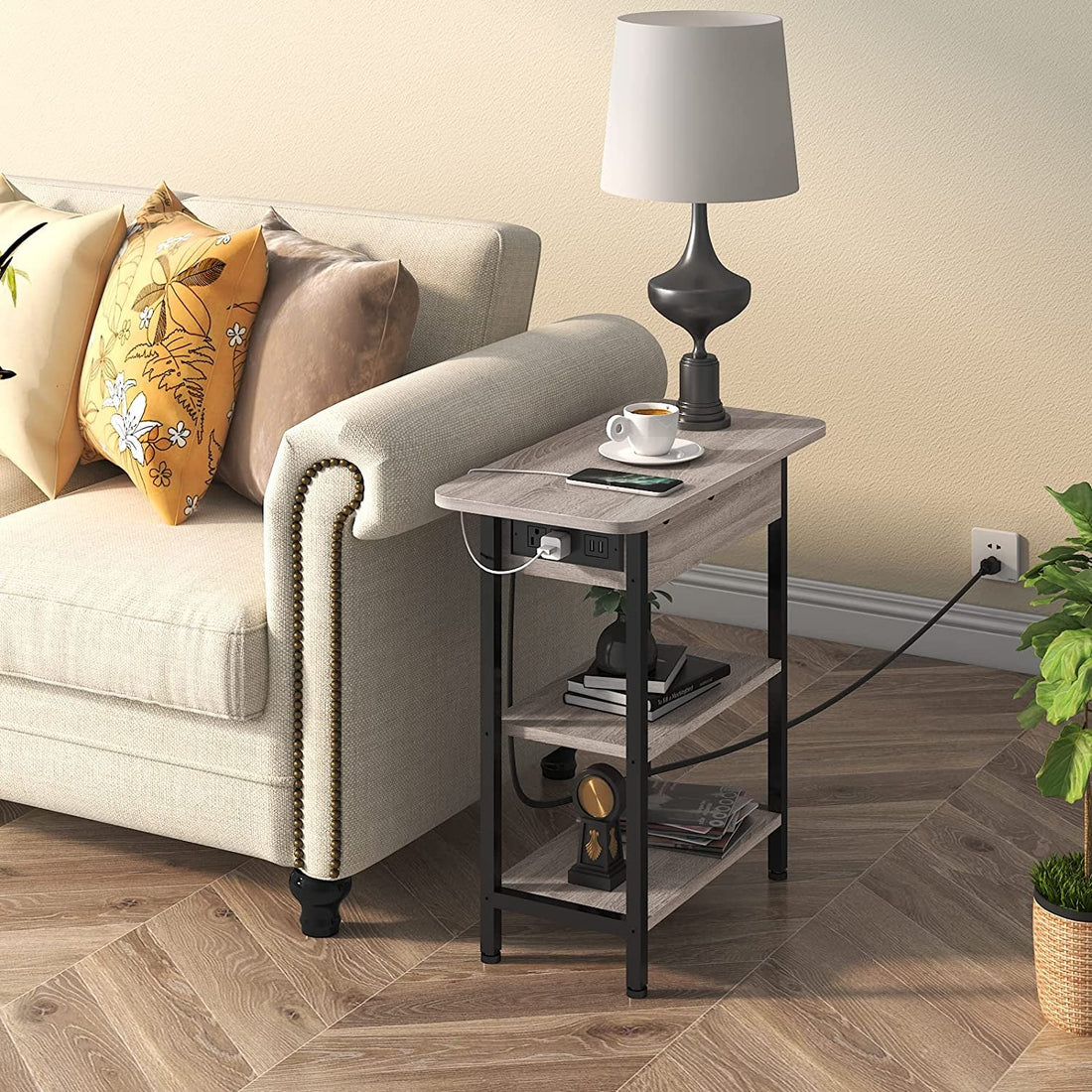 End Table with Charging Station, Flip Top Side Table for Small Spaces,