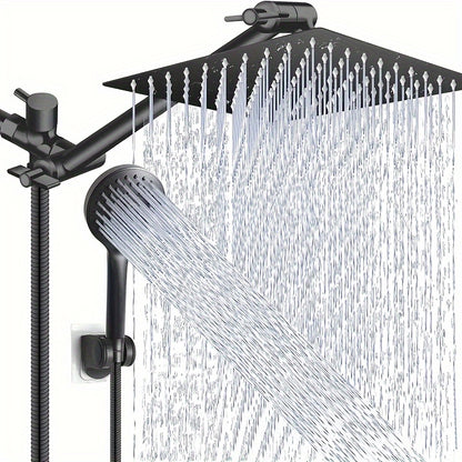 1pc High-Pressure Rain Shower Head Set - 8-Inch Stainless Steel Showerhead with 11-Inch Adjustable Extension Arm, 5-Setting Handheld Showerhead, Powerful Low-Pressure Water Spray, Matte Black Finish, Wall Mount, Durable and C