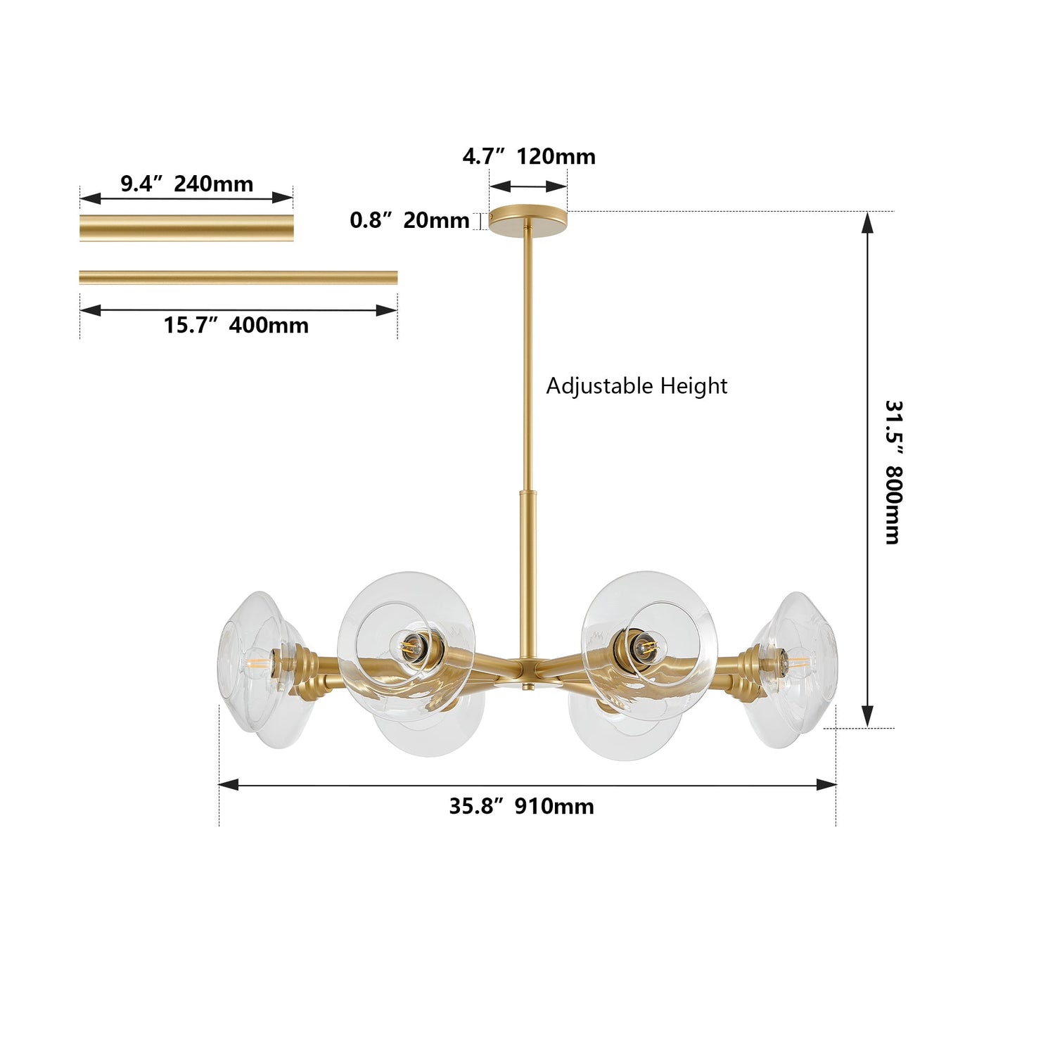 Modern Gold 8-Light Sputnik Chandelier with Clear Glass Shades,
