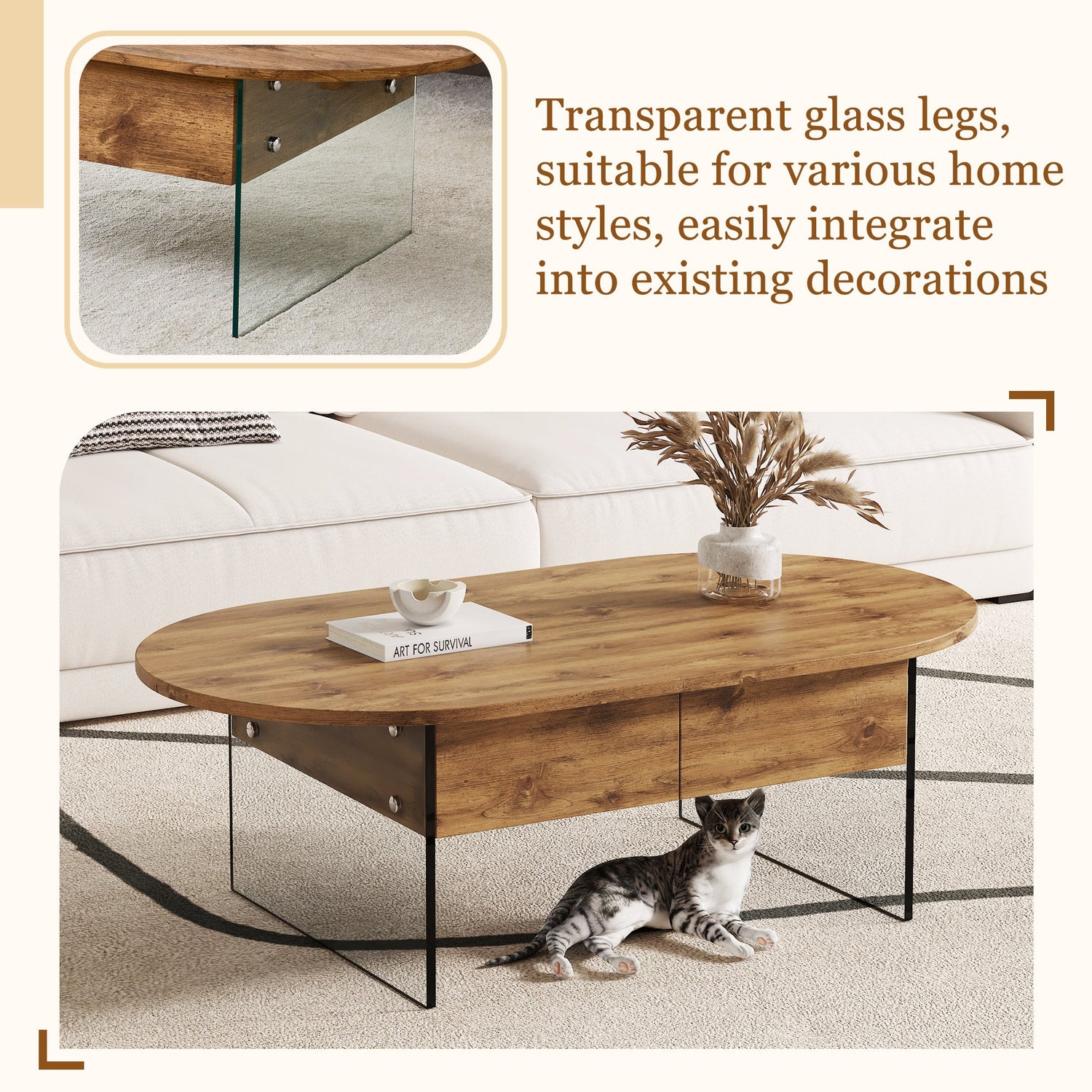 Cozy Natural Oval Double Drawer Coffee Table - 43.3&