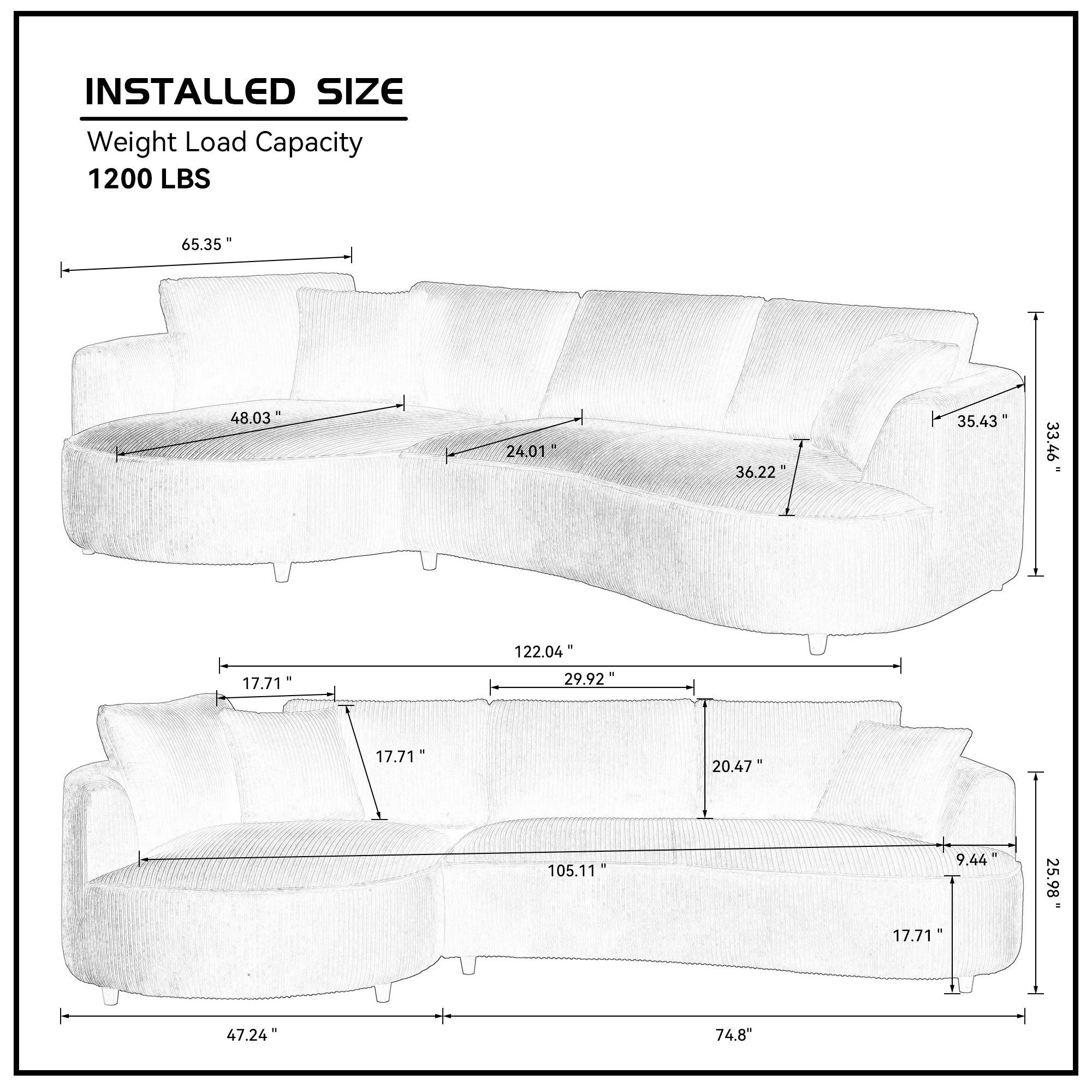 122.04 inch Oversized Sectional Sofa, Modern Couch with Chaise, Comfy