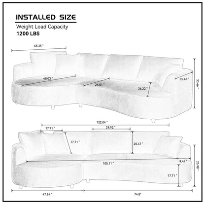 122.04 inch Oversized Sectional Sofa, Modern Couch with Chaise, Comfy