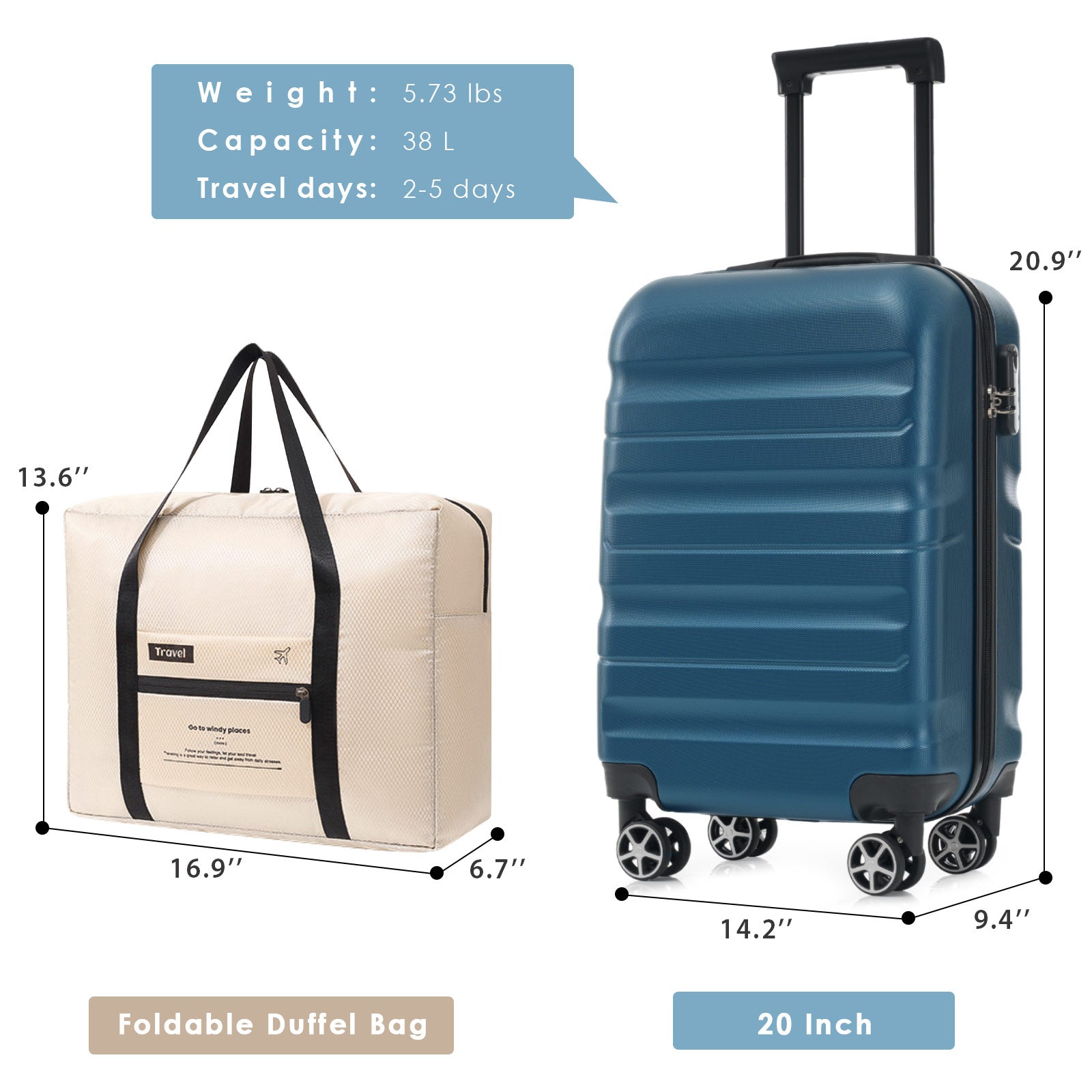 Hardshell ABS Carry-On Luggage with Spinner Wheels, Lightweight Travel